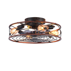 20'' Mounting Type Caged  Ceiling Fan with Lights and Remote Control  ,Reversible Motor, DC Remote Control,6 Speed Ceiling Fan,Timing Fan Lamp--NOT Included Bulbs(Matte Black + Wood)