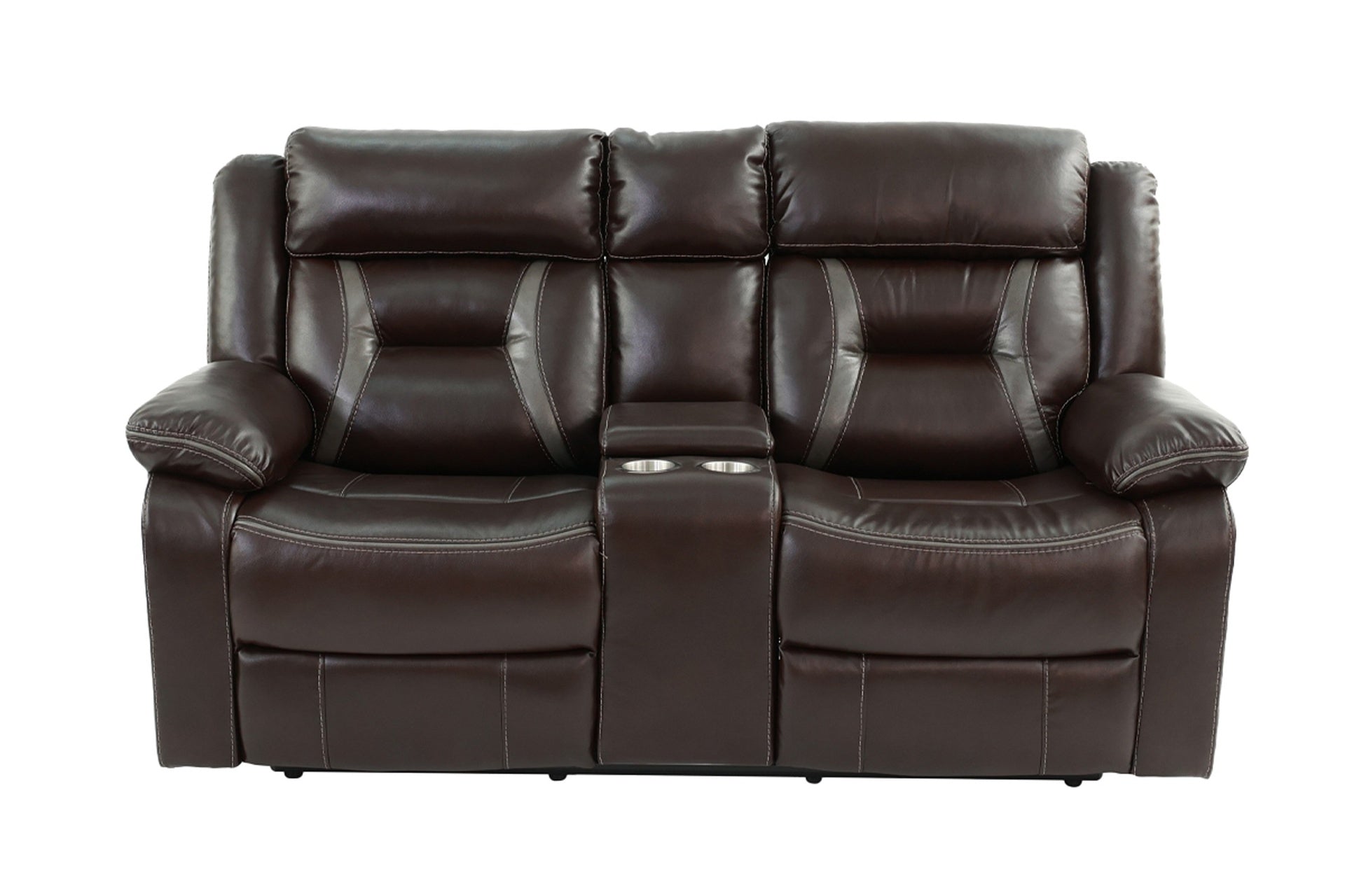 Modern Elegant 2pc Living Room Set Leatherette Padded Horizontal Tufting Pillow Armrest Cup Holder Dark Rosy Brown Finish Primary Living Room Furniture