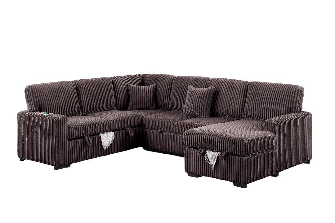 Chocolate Finish Modern Style 4pc Convertible Sectional Set USB Port Sofa Storage Reversible Sleeper Corduroy Fabric Primary Living Room