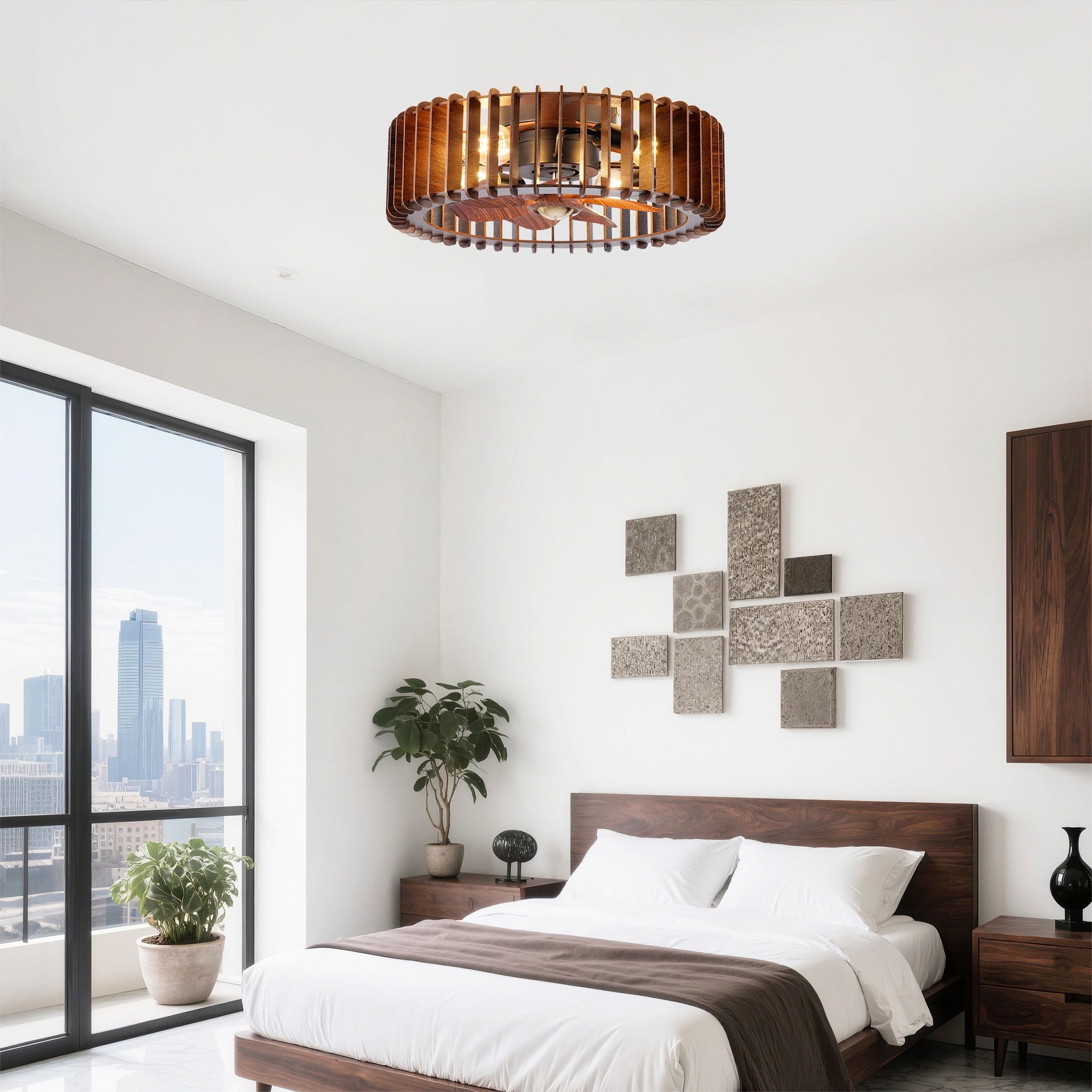 20" Modern Flush Mount Fan Light,Ceiling Fans with Lights(NO INCLUDED BULBS) and Remote Control, 6 Speeds, Quiet DC Motor For Living room, Bedroom,Kitchen----Wood