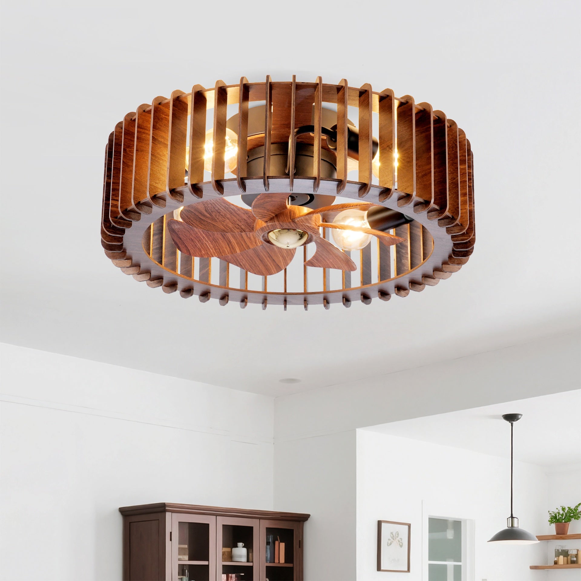 20" Modern Flush Mount Fan Light,Ceiling Fans with Lights(NO INCLUDED BULBS) and Remote Control, 6 Speeds, Quiet DC Motor For Living room, Bedroom,Kitchen----Wood