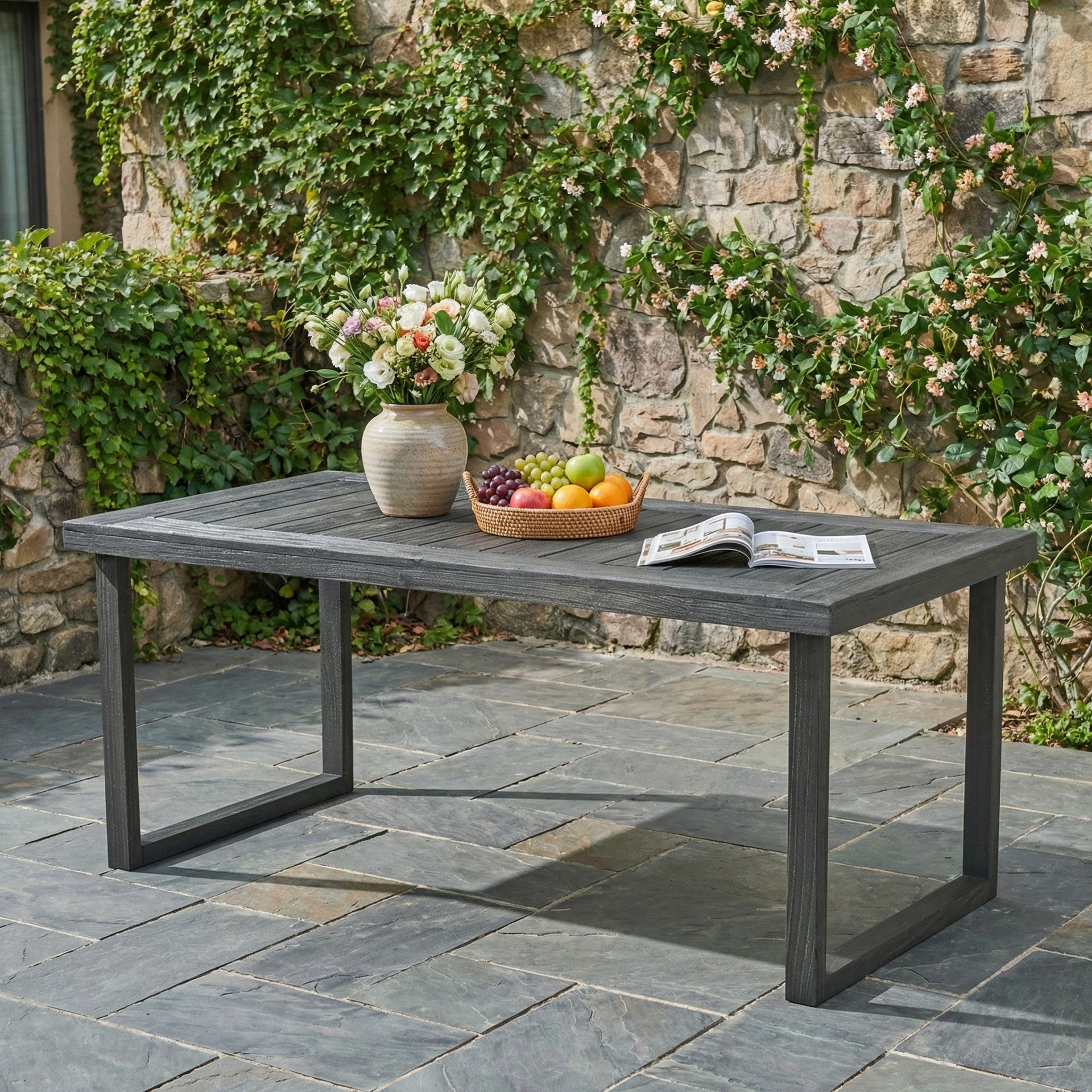 Outdoor 69" Acacia Wood Dining Table, Sandblast Dark Gray Finish