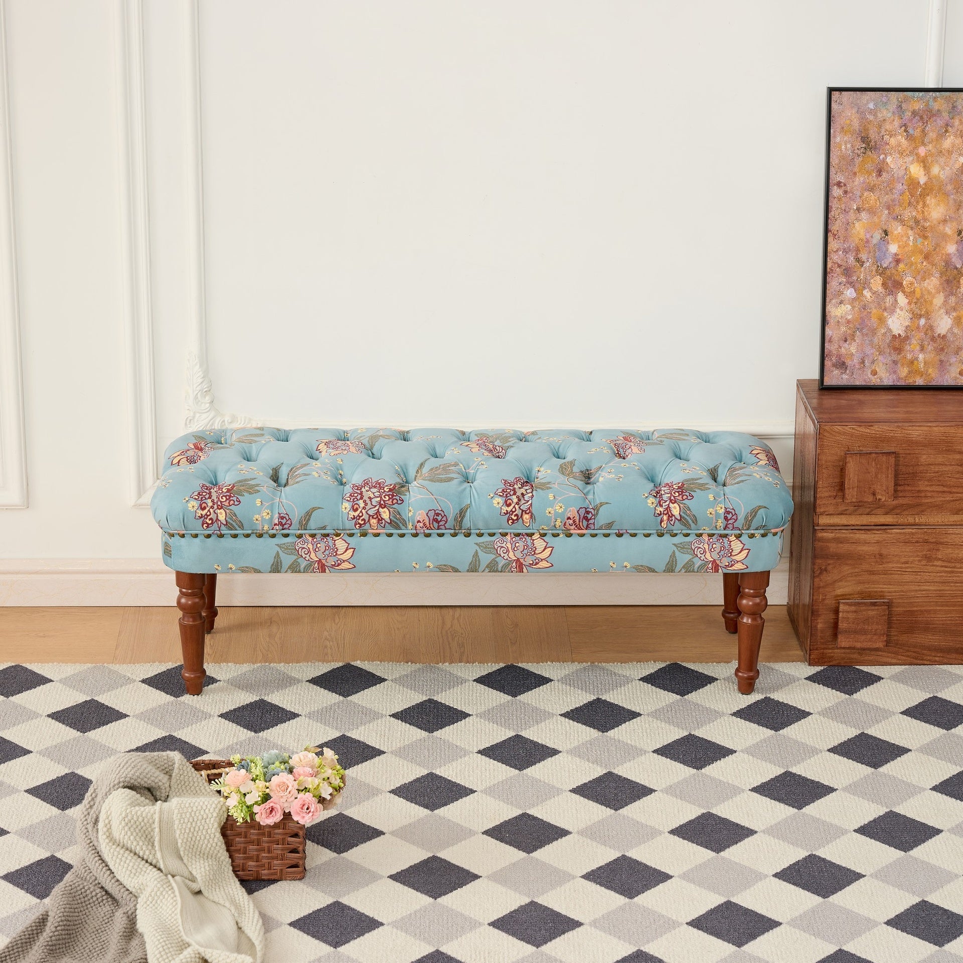 European Style Tufted Floral Bench with Turned Wood Legs,American Upholstered Ottoman for Bedroom & Primary Living Space