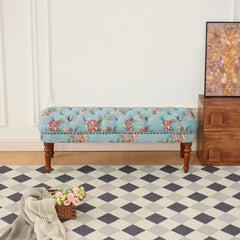 European Style Tufted Floral Bench with Turned Wood Legs,American Upholstered Ottoman for Bedroom & Primary Living Space