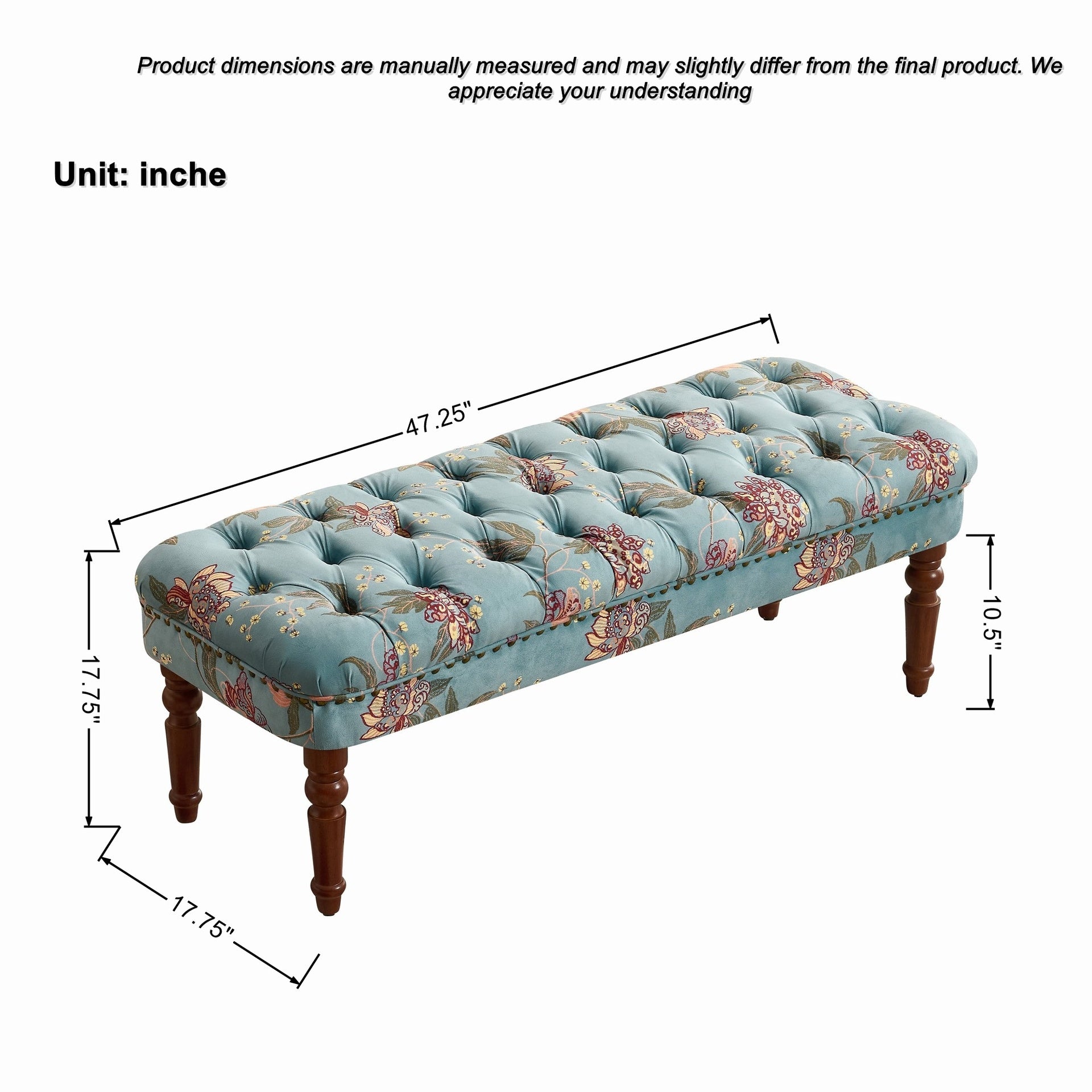 European Style Tufted Floral Bench with Turned Wood Legs,American Upholstered Ottoman for Bedroom & Primary Living Space