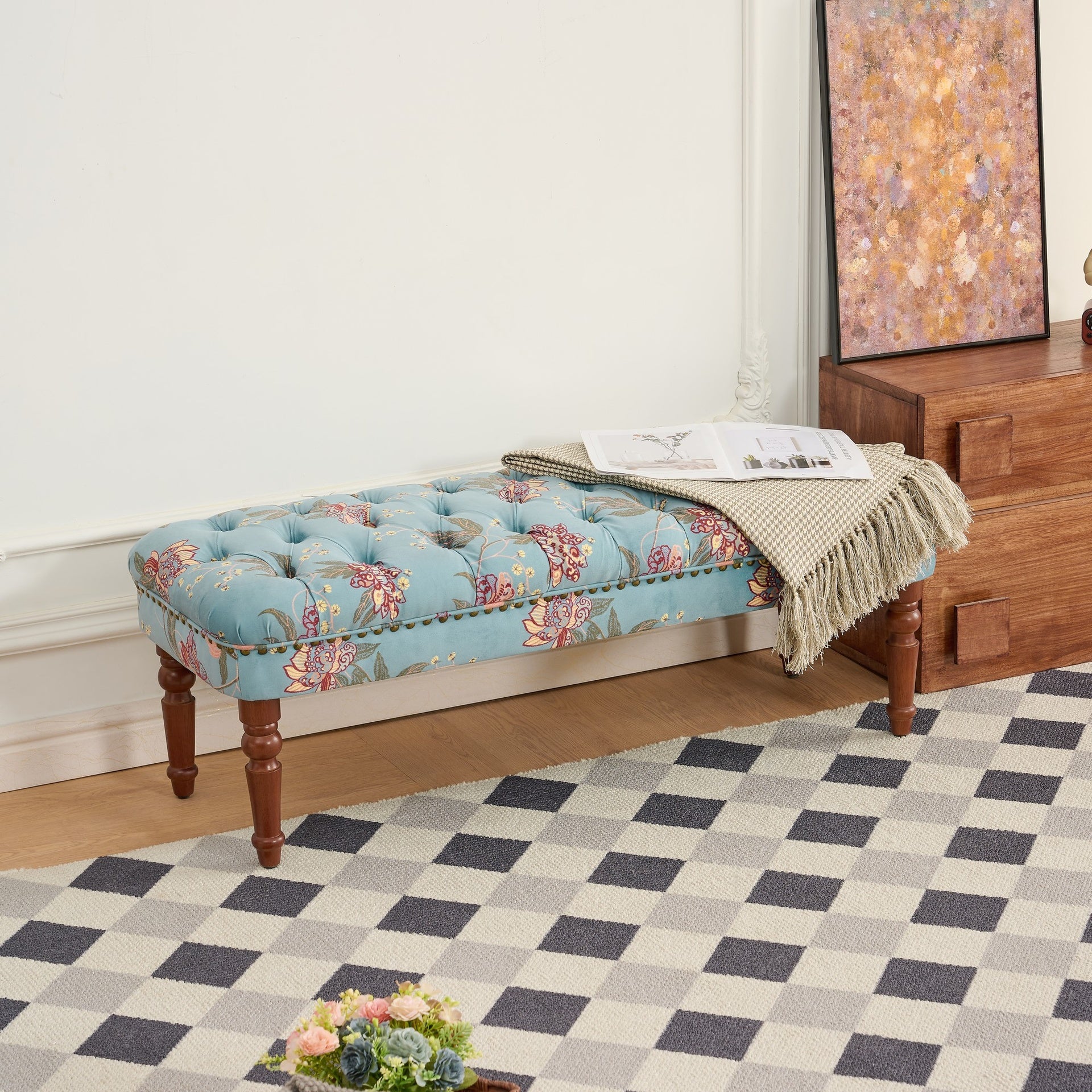 European Style Tufted Floral Bench with Turned Wood Legs,American Upholstered Ottoman for Bedroom & Primary Living Space