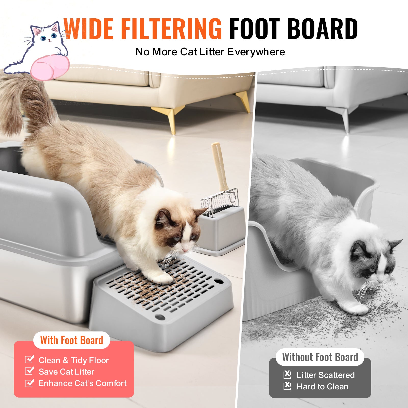 6 in Deep Cat Litter Box Odor-Free Litter Box with Filtering Foot Board