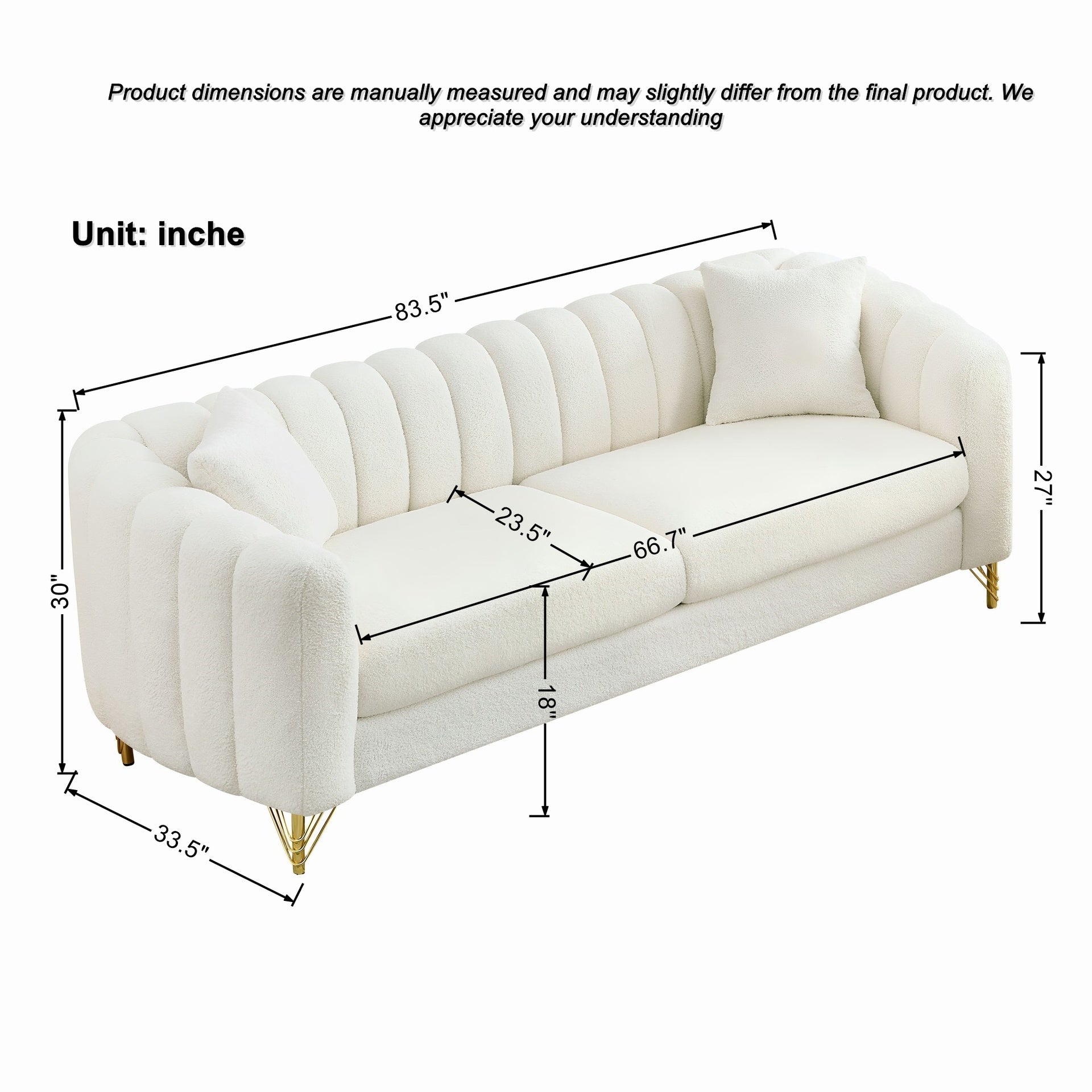 83" Oversized Chenille Sofa,Luxury 3 Seater Deep Couch,Modern Tufted Couch, Gold Metal Legs Sofa for Living Room, Bedroom, Apartment (White)