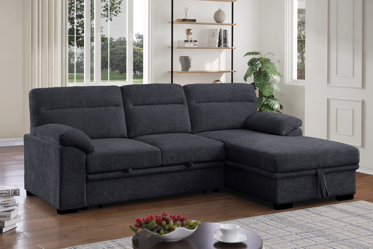 Kipling II 94-inch Dark Gray Chenille Fabric Sleeper Sectional Sofa with Right-Facing Storage Chaise – L-Shaped Pull-Out Bed, Drop-Down Console with USB Ports & Cupholders, and Pocket Coil Seating
