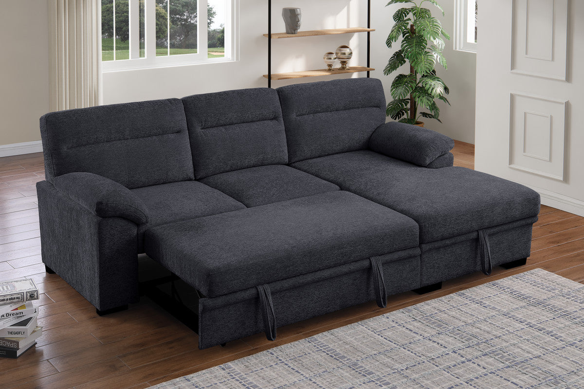 Kipling II 94-inch Dark Gray Chenille Fabric Sleeper Sectional Sofa with Right-Facing Storage Chaise – L-Shaped Pull-Out Bed, Drop-Down Console with USB Ports & Cupholders, and Pocket Coil Seating