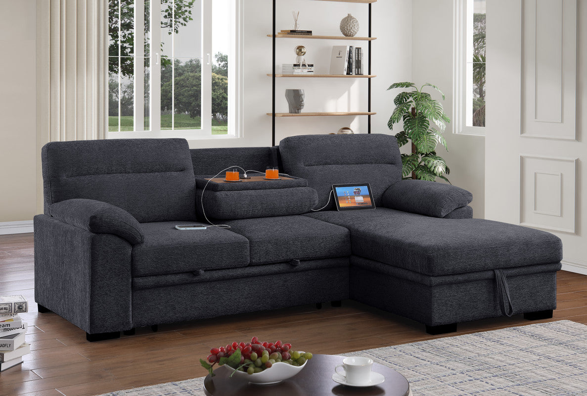 Kipling II 94-inch Dark Gray Chenille Fabric Sleeper Sectional Sofa with Right-Facing Storage Chaise – L-Shaped Pull-Out Bed, Drop-Down Console with USB Ports & Cupholders, and Pocket Coil Seating