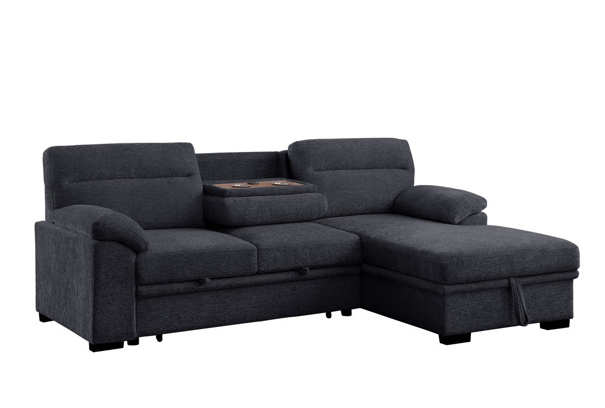 Kipling II 94-inch Dark Gray Chenille Fabric Sleeper Sectional Sofa with Right-Facing Storage Chaise – L-Shaped Pull-Out Bed, Drop-Down Console with USB Ports & Cupholders, and Pocket Coil Seating