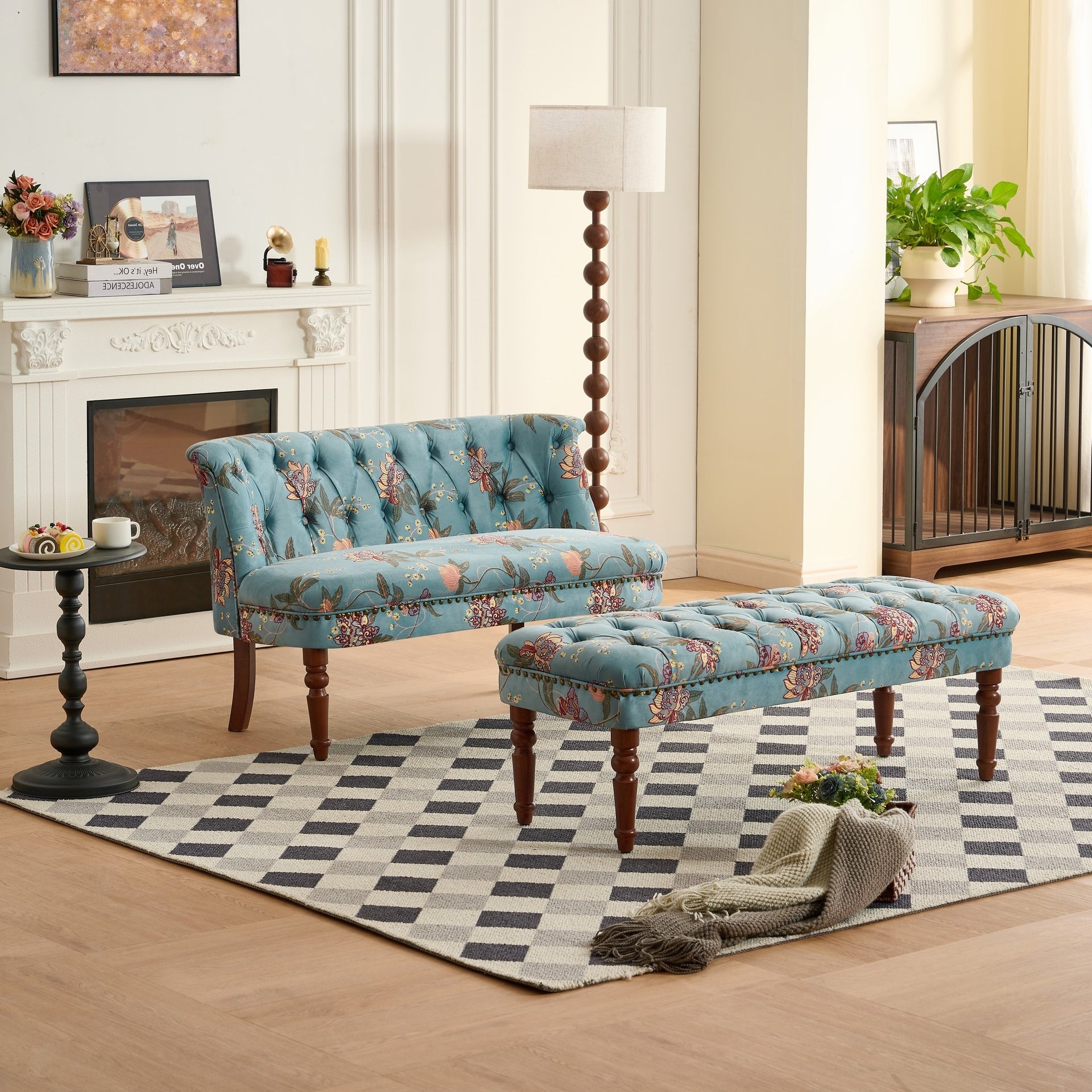 Sofa Chair Living Room Single Sofa Chair & Tufted Floral Bench with Turned Wood Legs,European style Sofa Chair Bedroom Dressing Stool Lazy Sofa Balcony Chair
