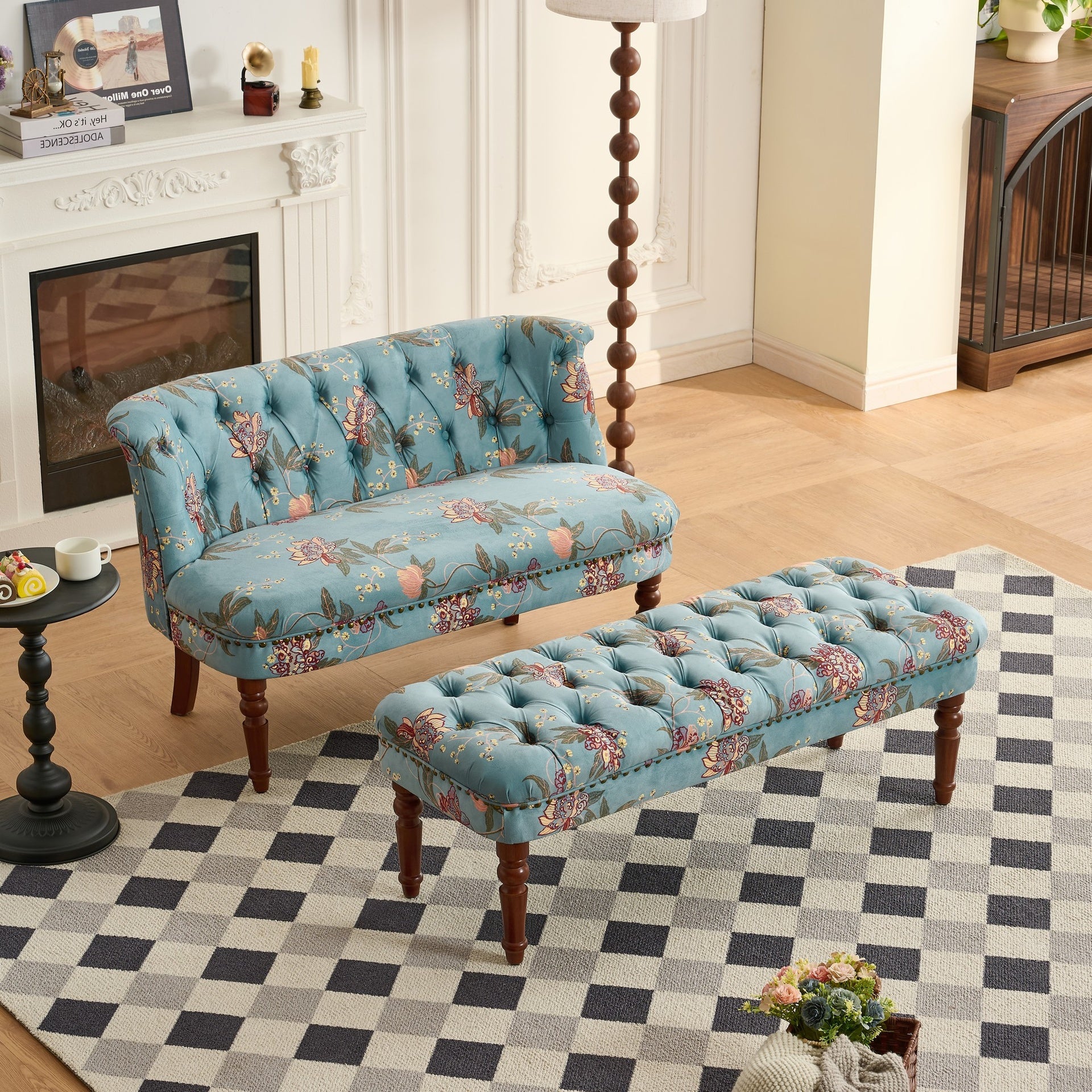 Sofa Chair Living Room Single Sofa Chair & Tufted Floral Bench with Turned Wood Legs,European style Sofa Chair Bedroom Dressing Stool Lazy Sofa Balcony Chair