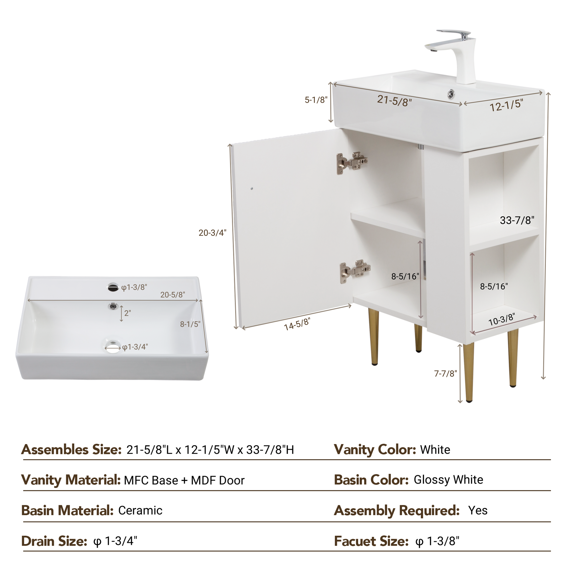 21.6" Open-Shelving Vanity with Ceramic Sink and Soft-Close Door, Cloakroom Storage Cabinet on Right Side, Assembly Required, White Finish. 24VB06-21WHR CONTACT SELLER FOR STOCK-W1920S00188