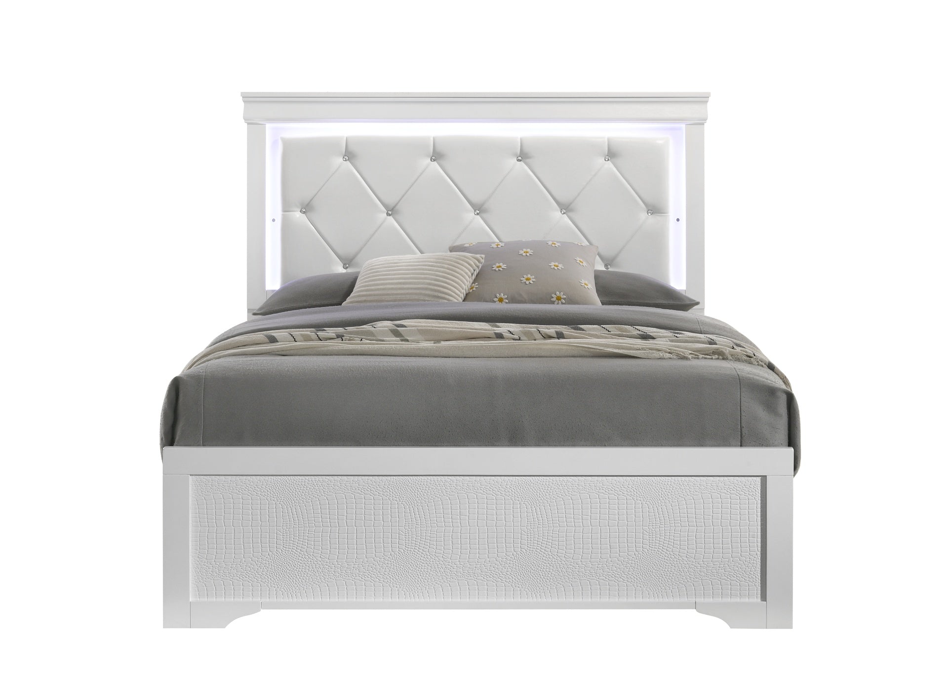 Blaze Upholstered Modern Style King Bed Made with LED Headboard & Wood in White (NJ Inventory)