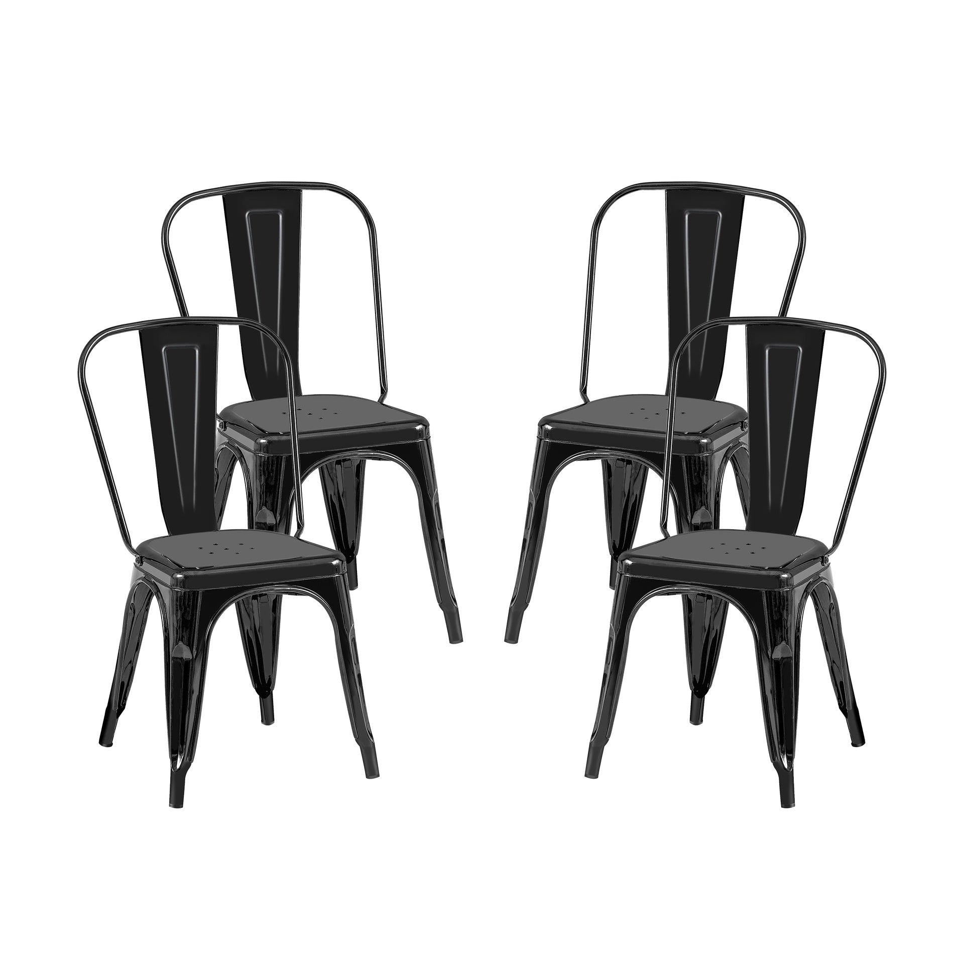 Set of 4 High Gloss Black Industrial Metal Dining Chairs 18 Inch Seat Height Stackable Indoor Outdoor, Lightweight Easy-Clean Surface, Easy Assembly, Durable Modern Design, For Kitchen Cafe Bar