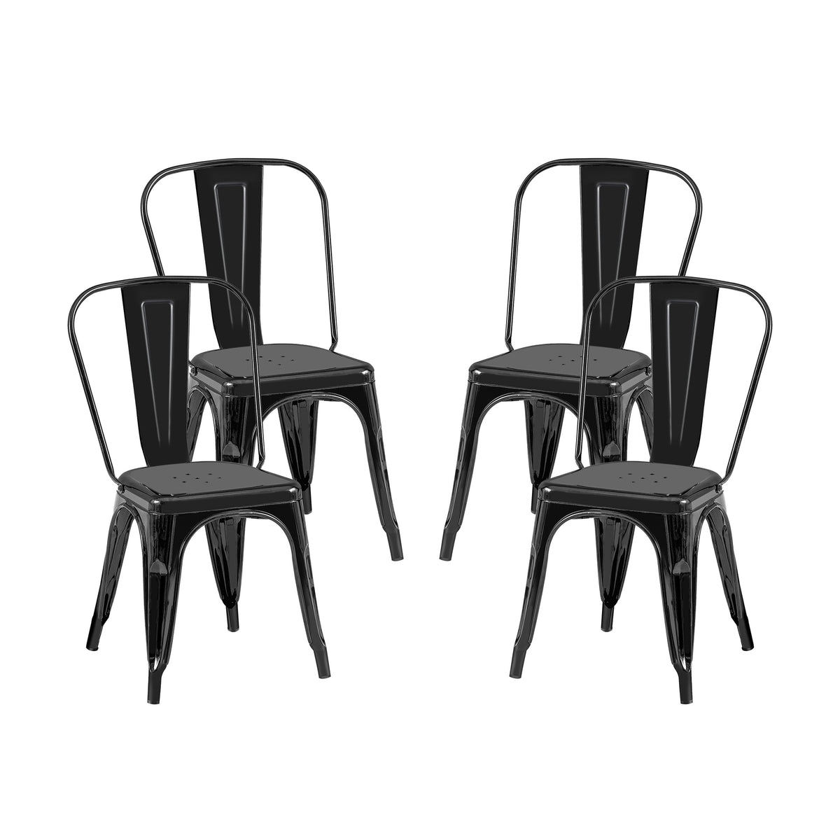 Set of 4 High Gloss Black Industrial Metal Dining Chairs 18 Inch Seat Height Stackable Indoor Outdoor, Lightweight Easy-Clean Surface, Easy Assembly, Durable Modern Design, For Kitchen Cafe Bar