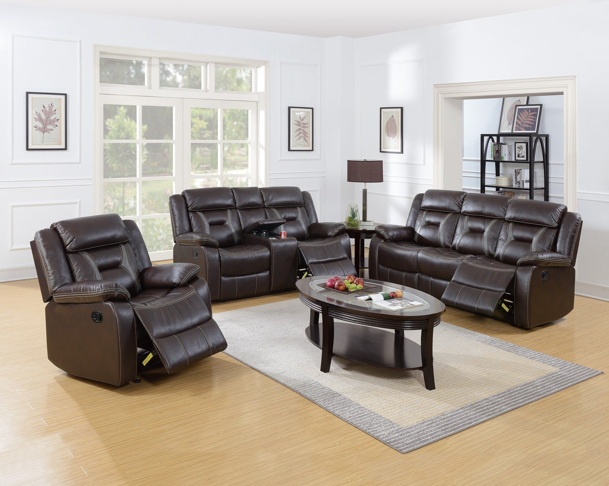 Modern Elegant 3pc Living Room Set 1x Sofa 1x Loveseat 1x Recliner Pillow Armrest Cushion Backrest Leatherette Upholstered Cup Holder Dark Rosy Brown Finish Primary Living Room Furniture