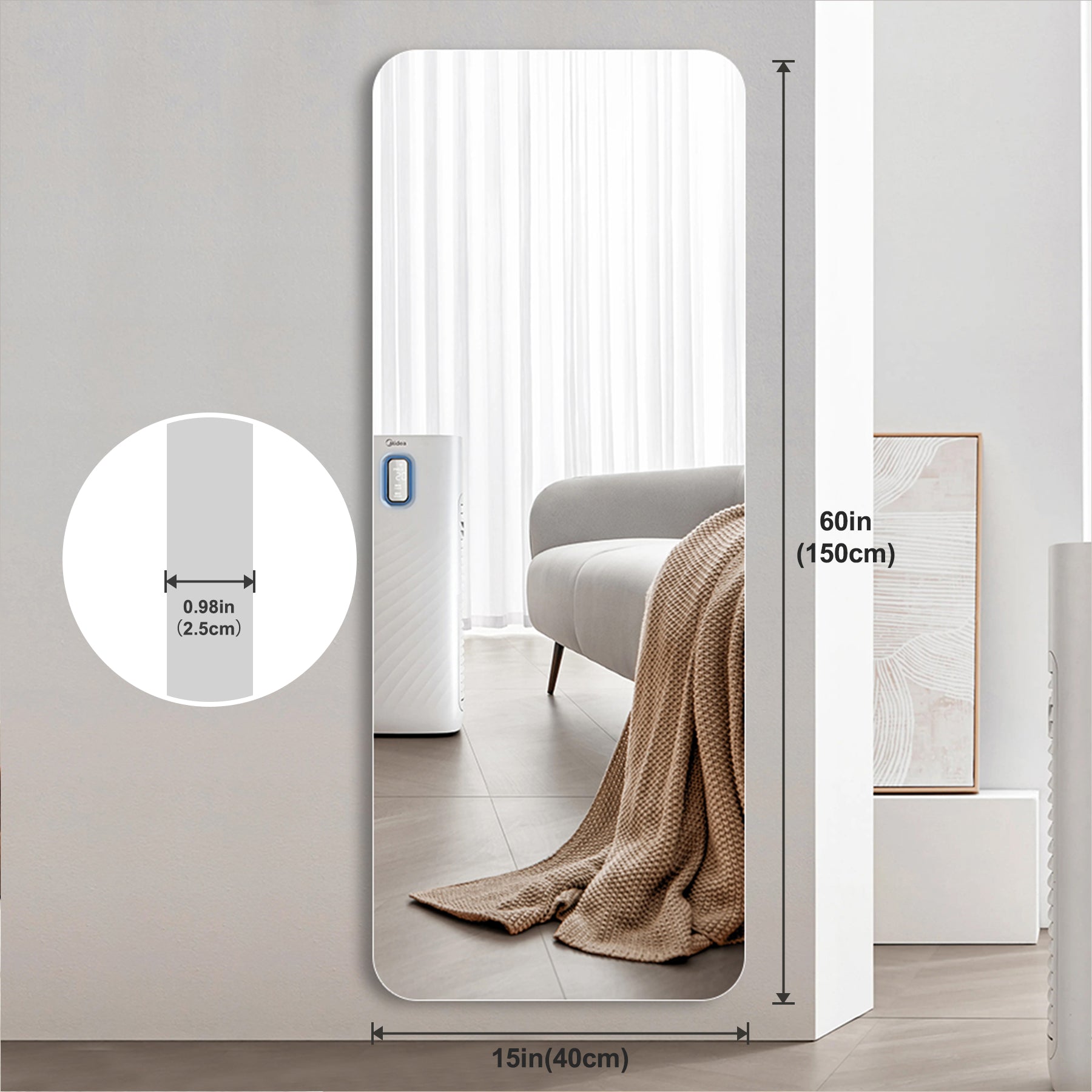 60x15inch Full Body Mirror for Living Room Bedroom Cloakroom Wall-mounted round-angle dressing mirror  Aviation grade aluminum