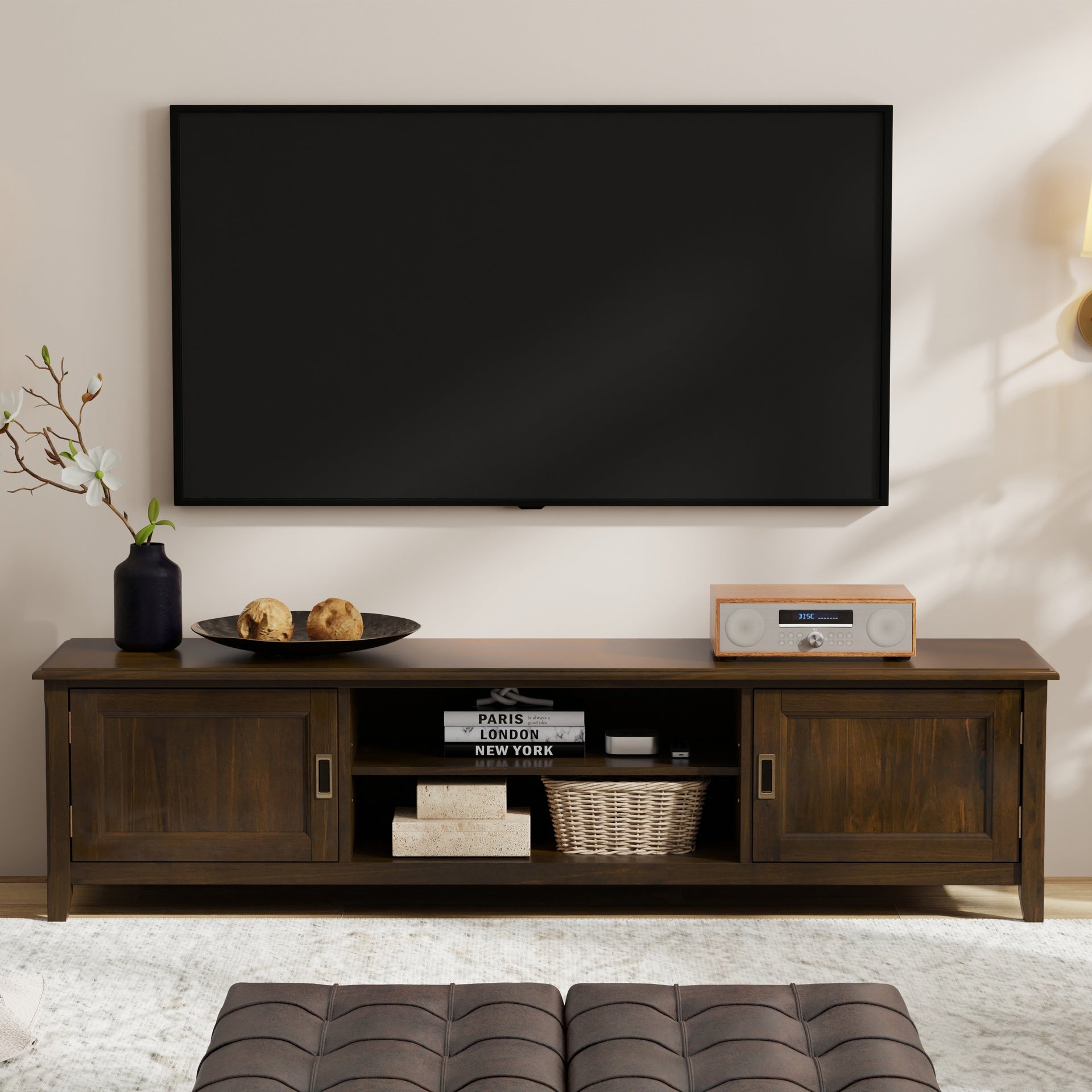 Burlington 72 inch Wide Solid Wood Low TV Stand in Mahogany Brown For TVs up to 80 inches