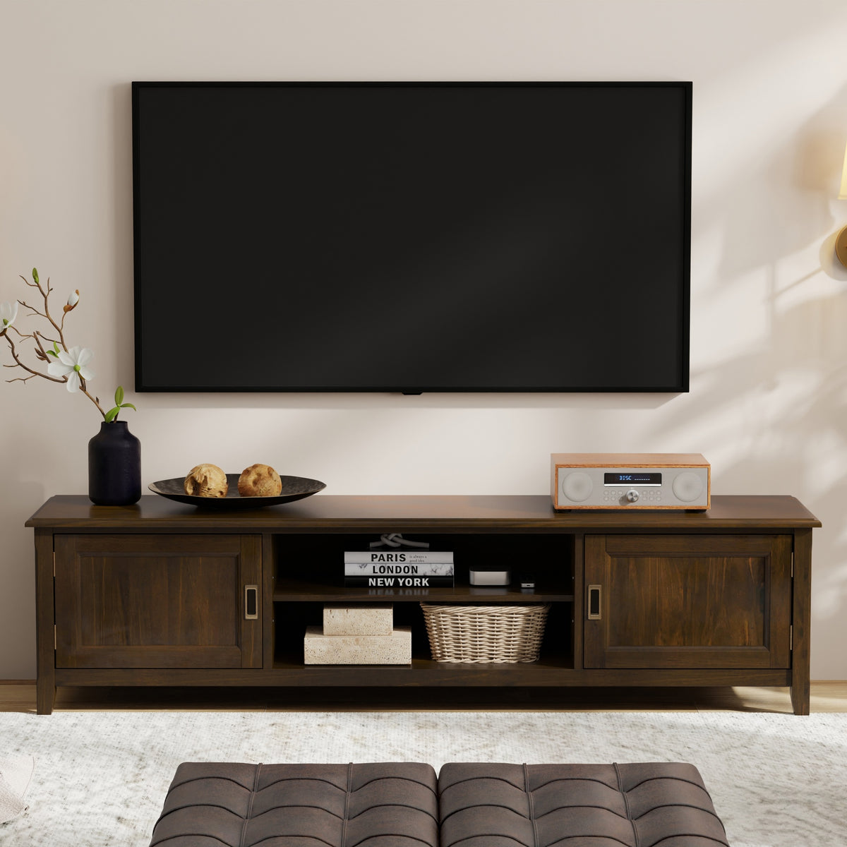 Burlington 72 inch Wide Solid Wood Low TV Stand in Mahogany Brown For TVs up to 80 inches