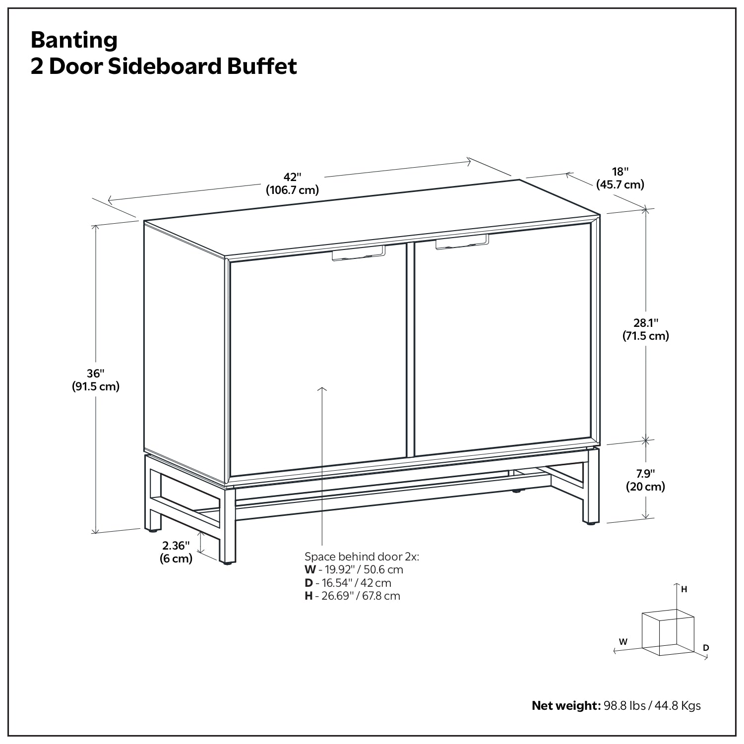 Banting 42 inch Wide Solid Wood 2 Door Sideboard Buffet in Walnut Brown