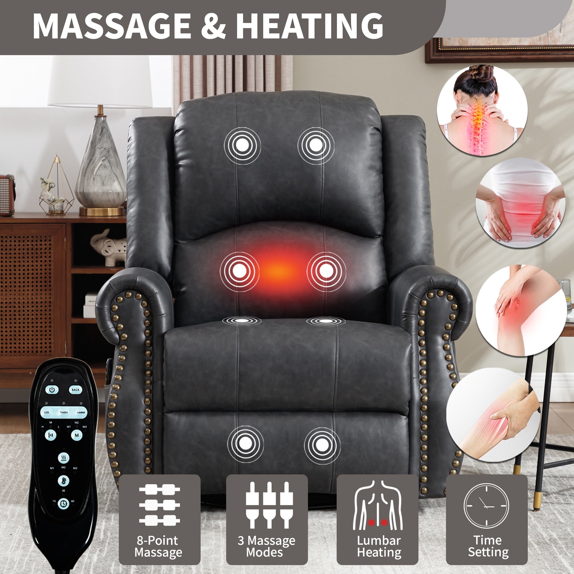 Heat Massage Manual Recliner Chair with Rocker and Swivel in Fabric for Living Room, Grey
