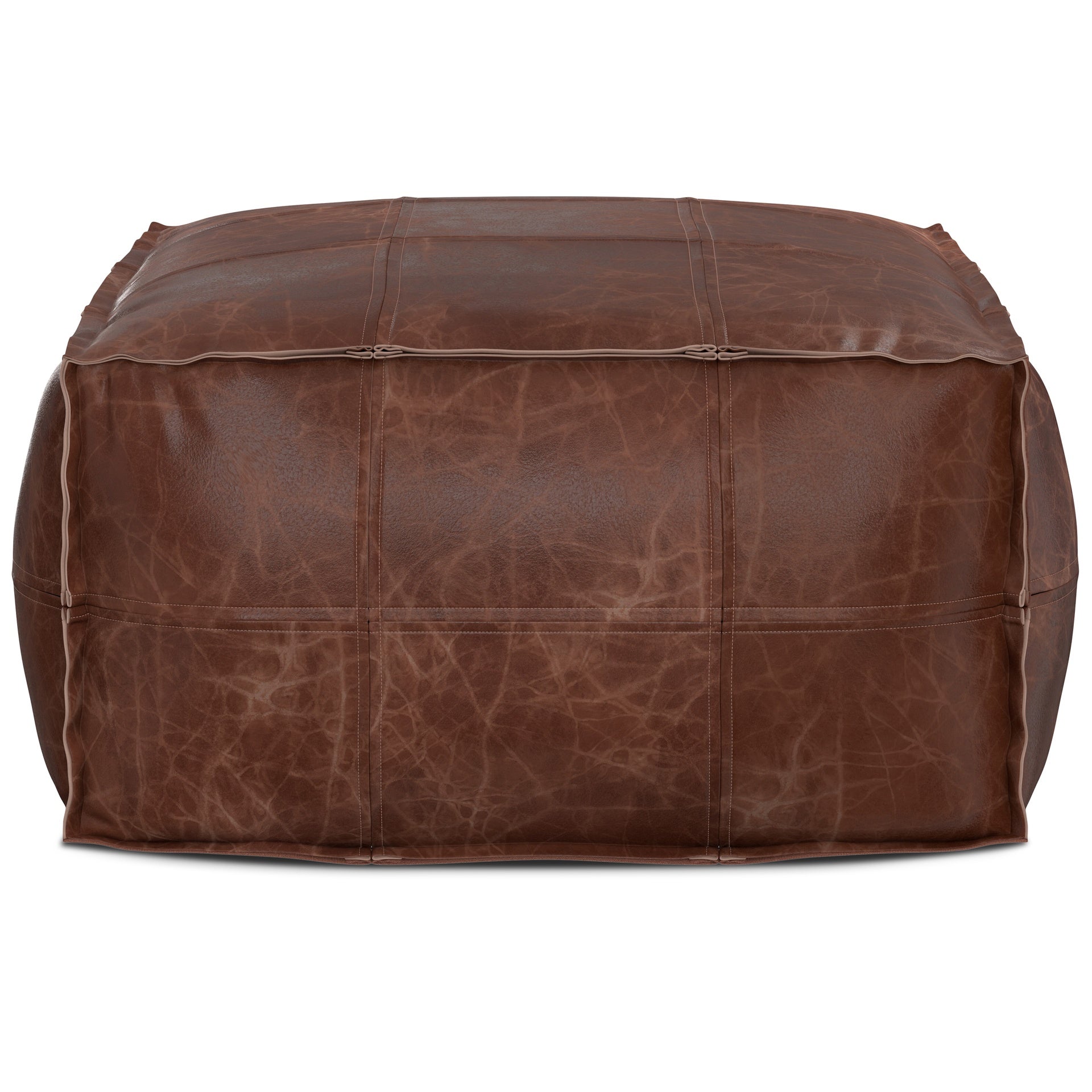 Sheffield 26 inch Wide Square Coffee Table Pouf in Distressed Brown Genuine Leather