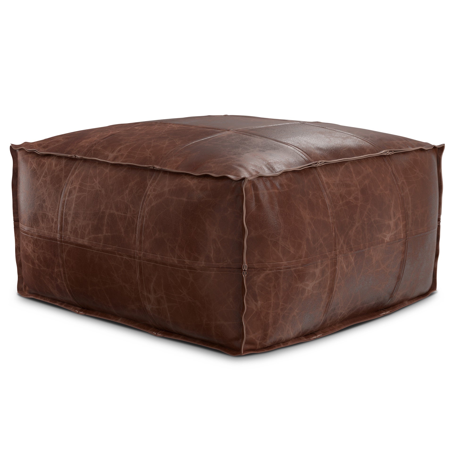 Sheffield 26 inch Wide Square Coffee Table Pouf in Distressed Brown Genuine Leather