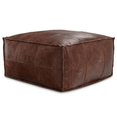 Sheffield 26 inch Wide Square Coffee Table Pouf in Distressed Brown Genuine Leather