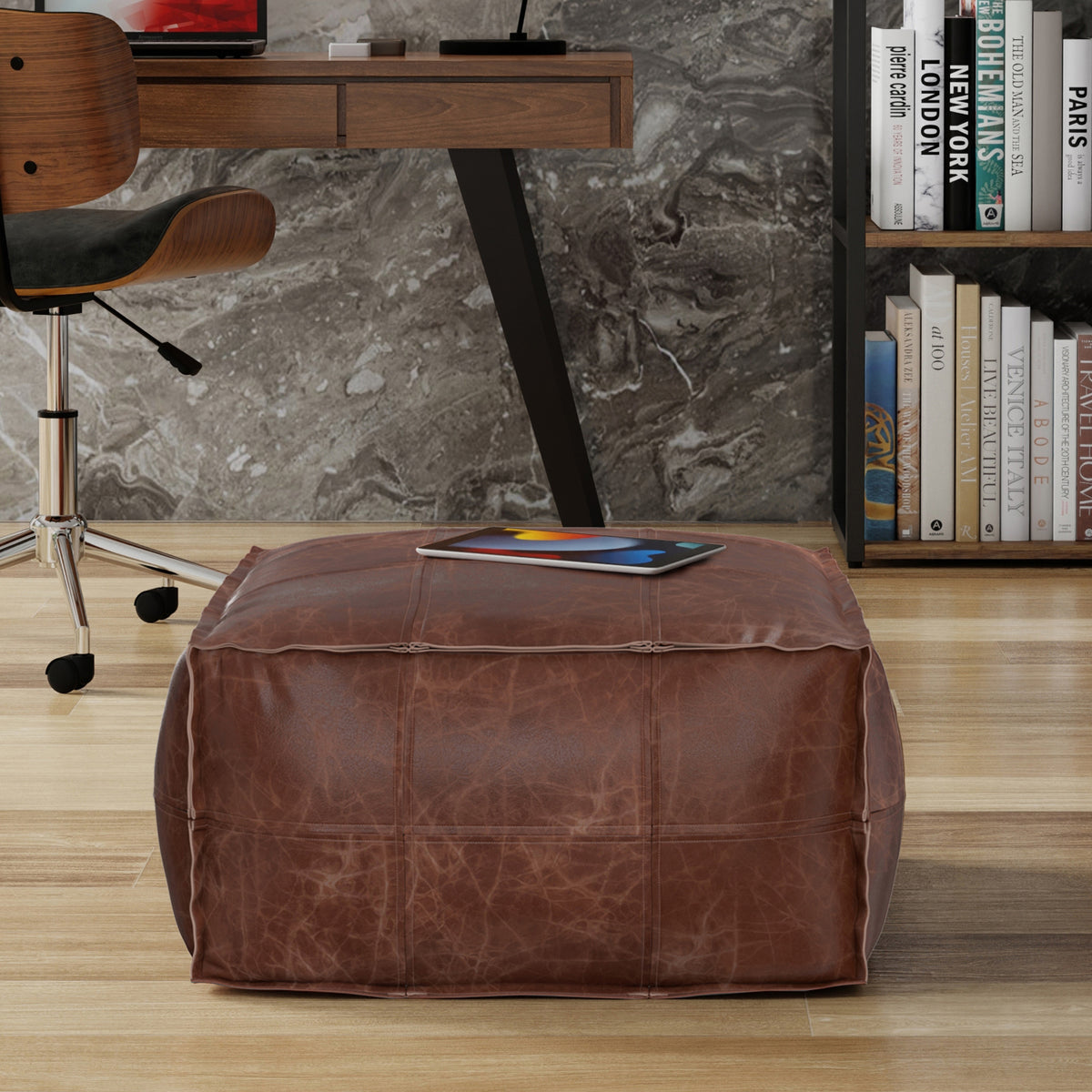 Sheffield 26 inch Wide Square Coffee Table Pouf in Distressed Brown Genuine Leather