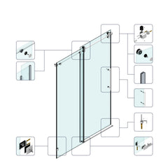 60*79"Fixed & Sliding Shower Door, Round Tube Hardware, Clear Glass Shower Door, 3/8″ (10mm) SGCC Tempered Glass, Stainless Steel