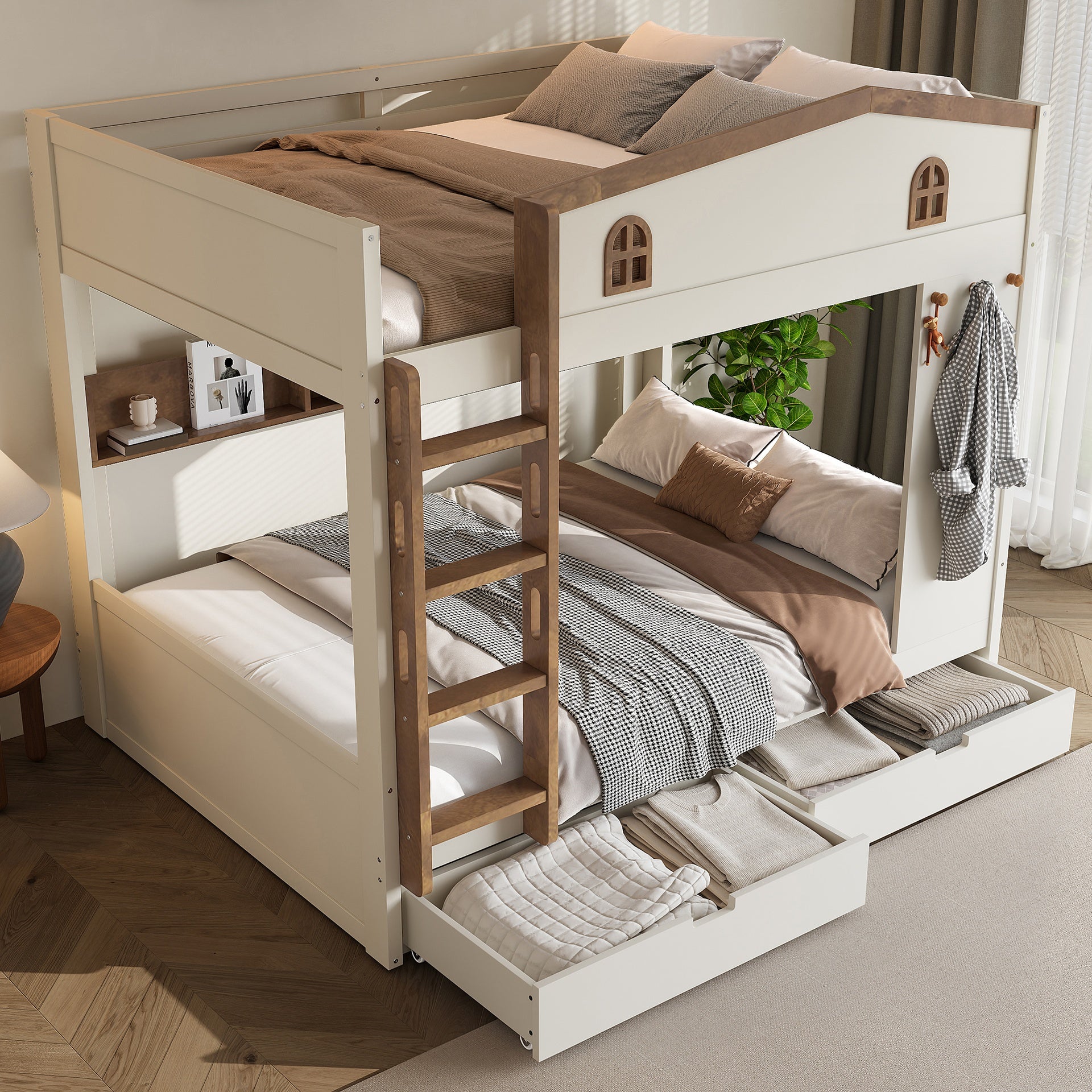 Queen over Queen Bunk Bed with Storage Drawers and Shelves, Solid Wood Bunk Beds with hooks, No Box Spring Needed, Beige&Natural