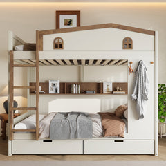Queen over Queen Bunk Bed with Storage Drawers and Shelves, Solid Wood Bunk Beds with hooks, No Box Spring Needed, Beige&Natural