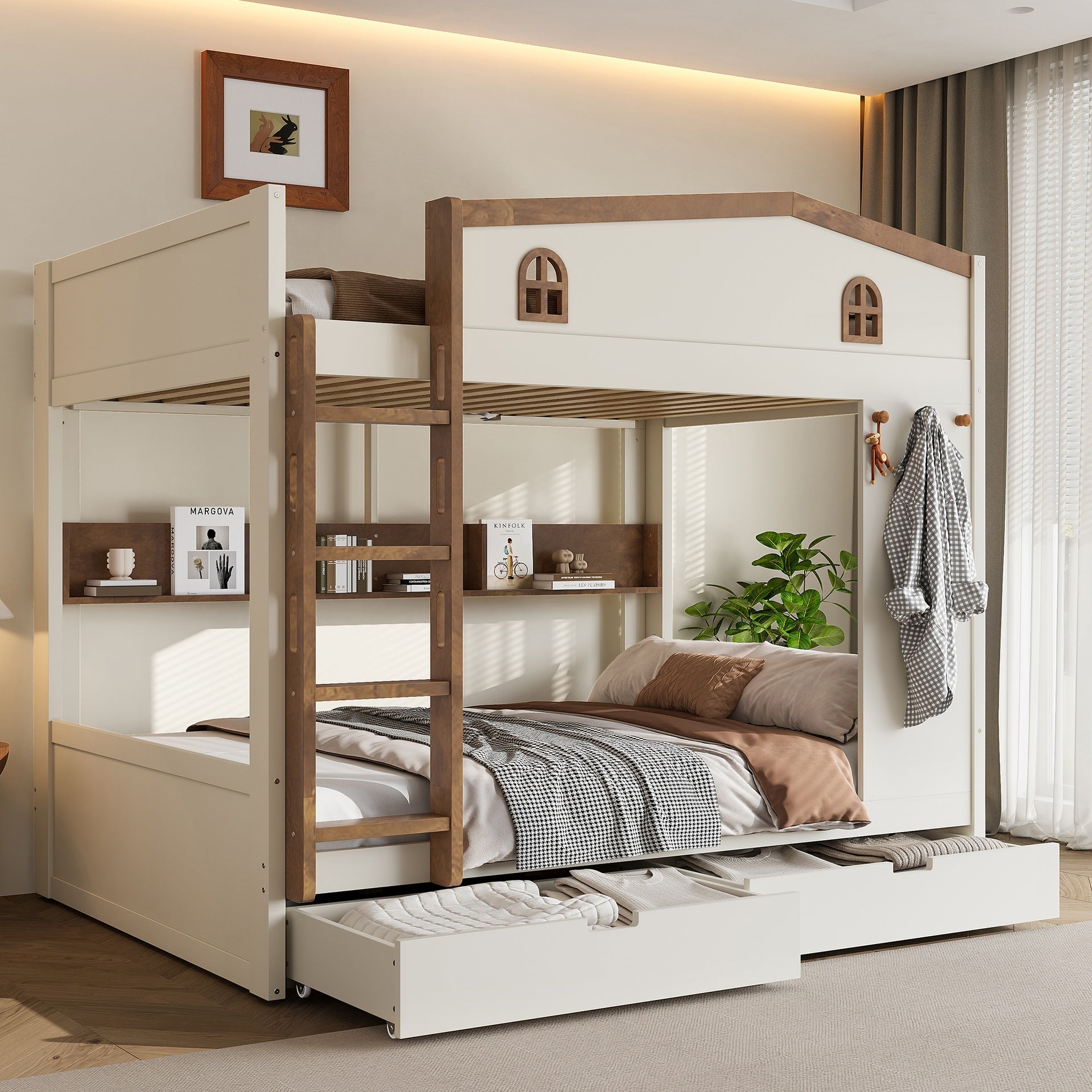 Queen over Queen Bunk Bed with Storage Drawers and Shelves, Solid Wood Bunk Beds with hooks, No Box Spring Needed, Beige&Natural