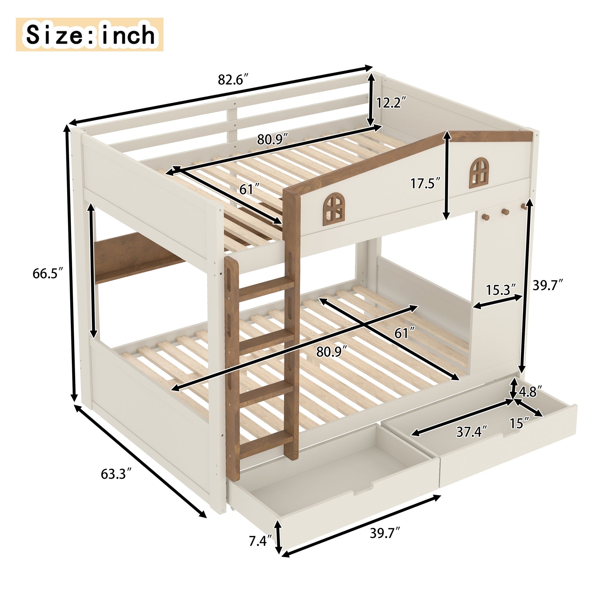 Queen over Queen Bunk Bed with Storage Drawers and Shelves, Solid Wood Bunk Beds with hooks, No Box Spring Needed, Beige&Natural