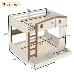 Queen over Queen Bunk Bed with Storage Drawers and Shelves, Solid Wood Bunk Beds with hooks, No Box Spring Needed, Beige&Natural