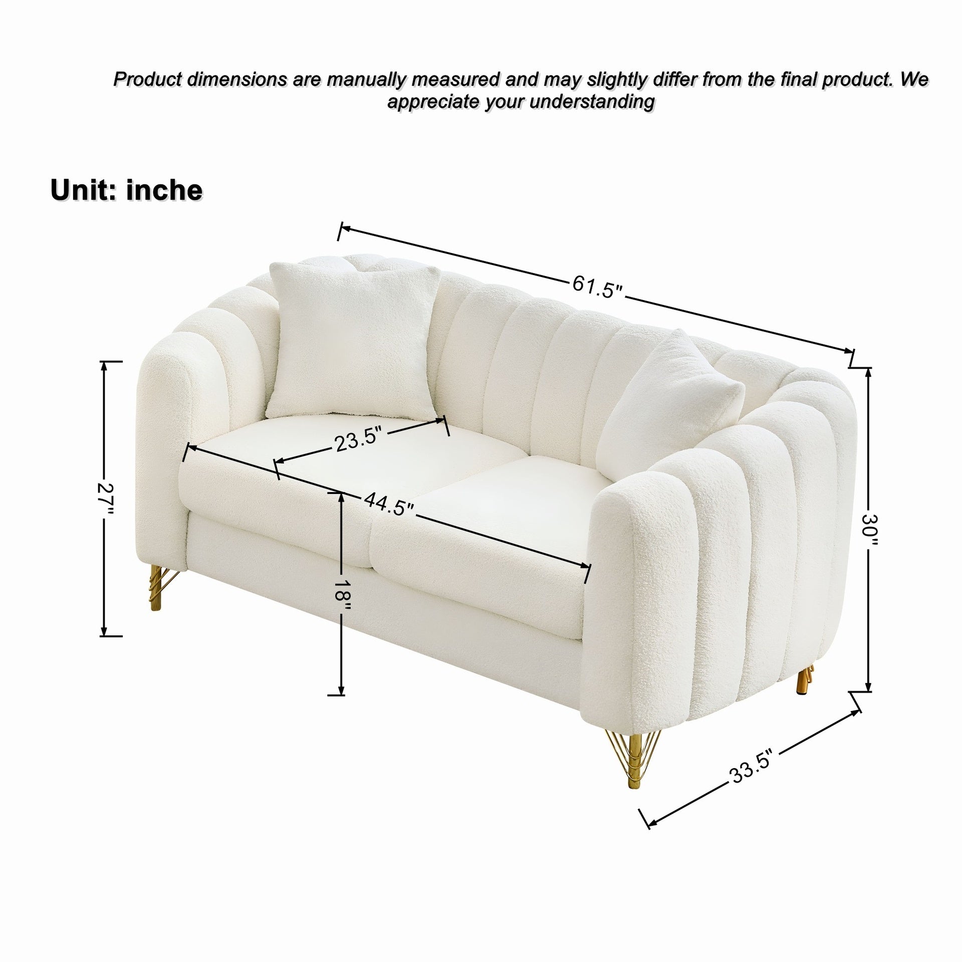61" Chenille Loveseat Sofa,Luxury 2 Seater Deep Couch,Modern Tufted Couch, Gold Metal Legs Sofa for Living Room, Bedroom, Apartment (White)