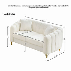 61" Chenille Loveseat Sofa,Luxury 2 Seater Deep Couch,Modern Tufted Couch, Gold Metal Legs Sofa for Living Room, Bedroom, Apartment (White)