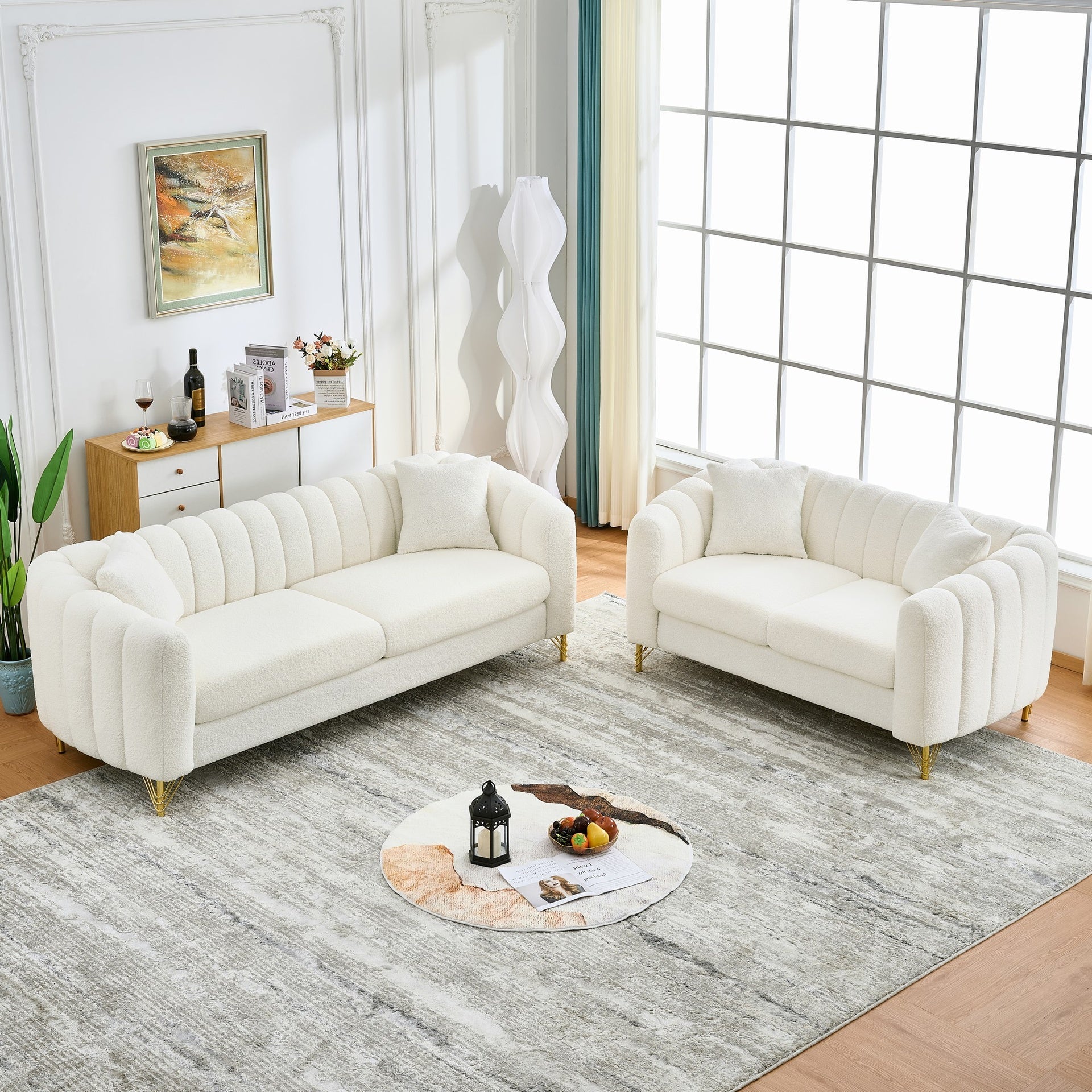 Oversized Chenille Sofa,Luxury 3 Seater + 2 Seater Deep Couch,Modern Tufted Couch, Gold Metal Legs Sofa for Living Room, Bedroom, Apartment (White)