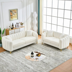 Oversized Chenille Sofa,Luxury 3 Seater + 2 Seater Deep Couch,Modern Tufted Couch, Gold Metal Legs Sofa for Living Room, Bedroom, Apartment (White)