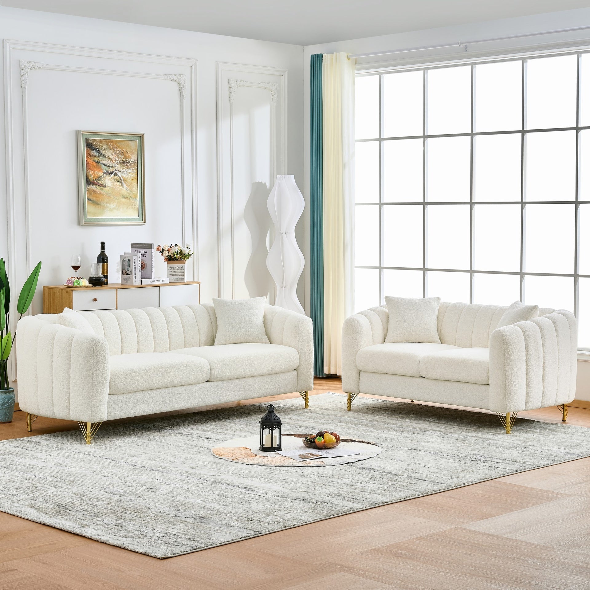 Oversized Chenille Sofa,Luxury 3 Seater + 2 Seater Deep Couch,Modern Tufted Couch, Gold Metal Legs Sofa for Living Room, Bedroom, Apartment (White)