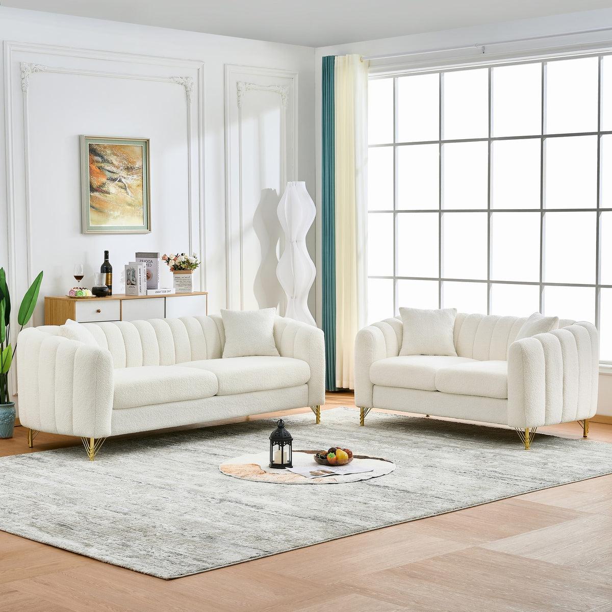 Oversized Chenille Sofa,Luxury 3 Seater + 2 Seater Deep Couch,Modern Tufted Couch, Gold Metal Legs Sofa for Living Room, Bedroom, Apartment (White)