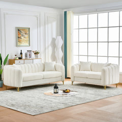 Oversized Chenille Sofa,Luxury 3 Seater + 2 Seater Deep Couch,Modern Tufted Couch, Gold Metal Legs Sofa for Living Room, Bedroom, Apartment (White)