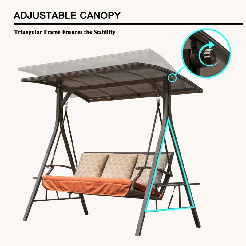 Patio Porch Swing 3 Person Adjustable Canopy Deluxe Hammock Swing Glider with 3 Cushions for Outdoor Garden, Balcony, Backyard