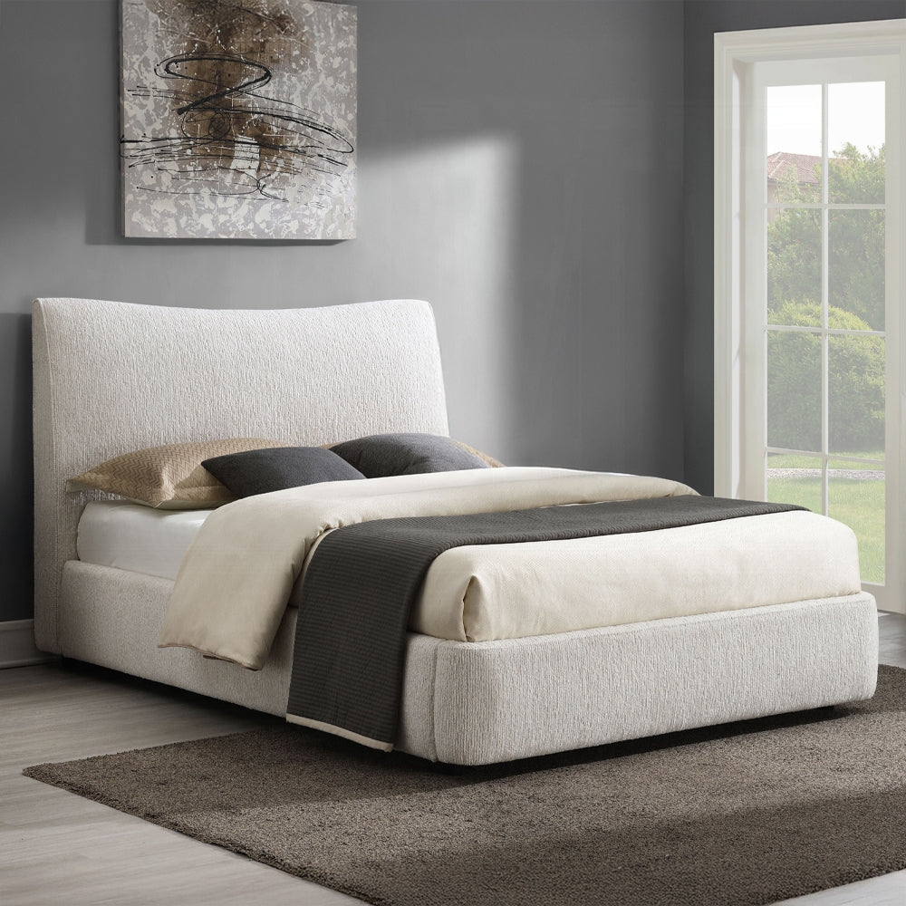 1pc Beautiful Queen Size Platform Bed Beige Chenille Upholstery Solid Rubberwood Contemporary Bedroom Furniture