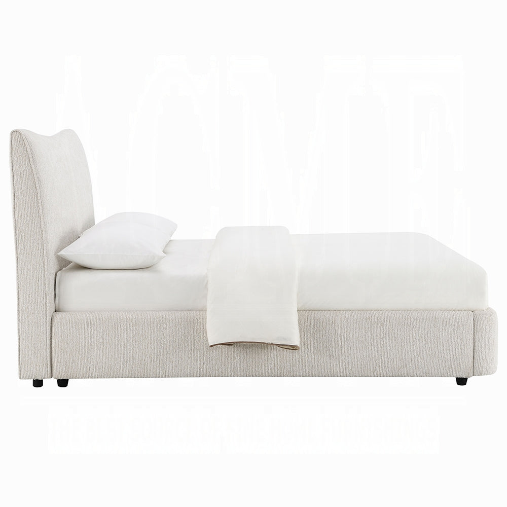1pc Beautiful Queen Size Platform Bed Beige Chenille Upholstery Solid Rubberwood Contemporary Bedroom Furniture