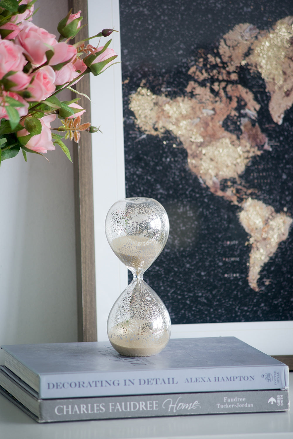 Set of 2, 3.2x3.2x8" Peleus 30-Minute Silvered Hourglass, Bisque Sand