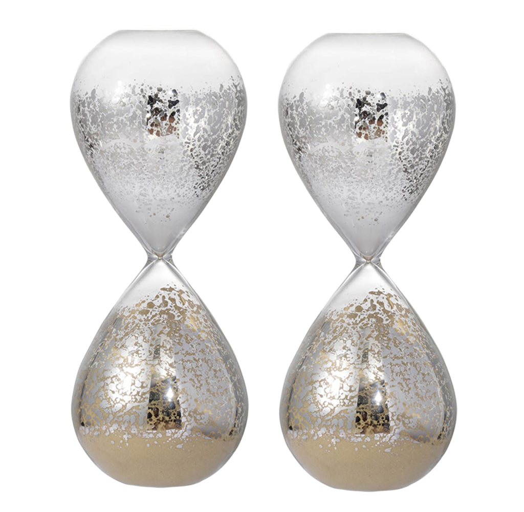 Set of 2, 3.2x3.2x8" Peleus 30-Minute Silvered Hourglass, Bisque Sand